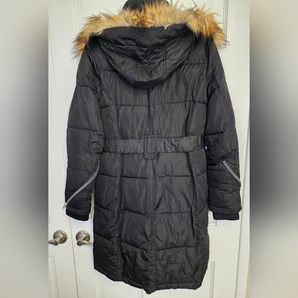 Rachel Roy Long Belted Puffer Jacket W/Detachable Furry Hood- Size Lg Black - Picture 4 of 15
